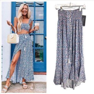 Olivaceous Smocked Blue Resort Beach Vacation Micro Floral Print Maxi Skirt